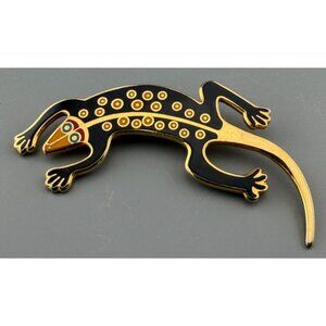 Vintage Laurel Burch Cloisonné Lizard Brooch Gold Tone Enamel Signed Gecko Pin